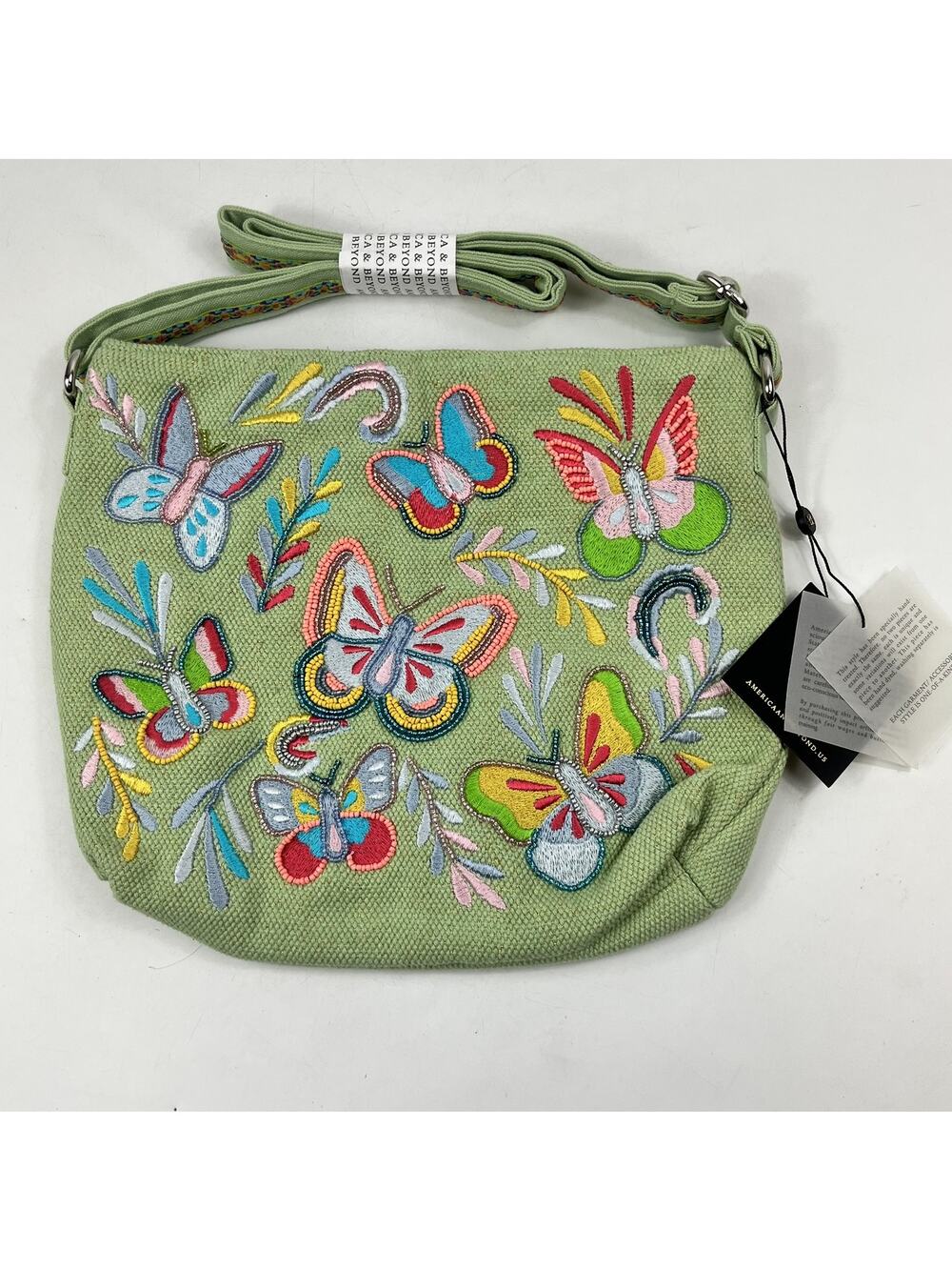 America & Beyond Crossbody Bag Beaded Butterfly Embroidered Green Boho Jute NWT